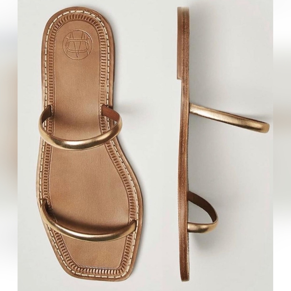 Massimo Dutti Zara Leather Flat Sandals, Slides US 7.5 Gold